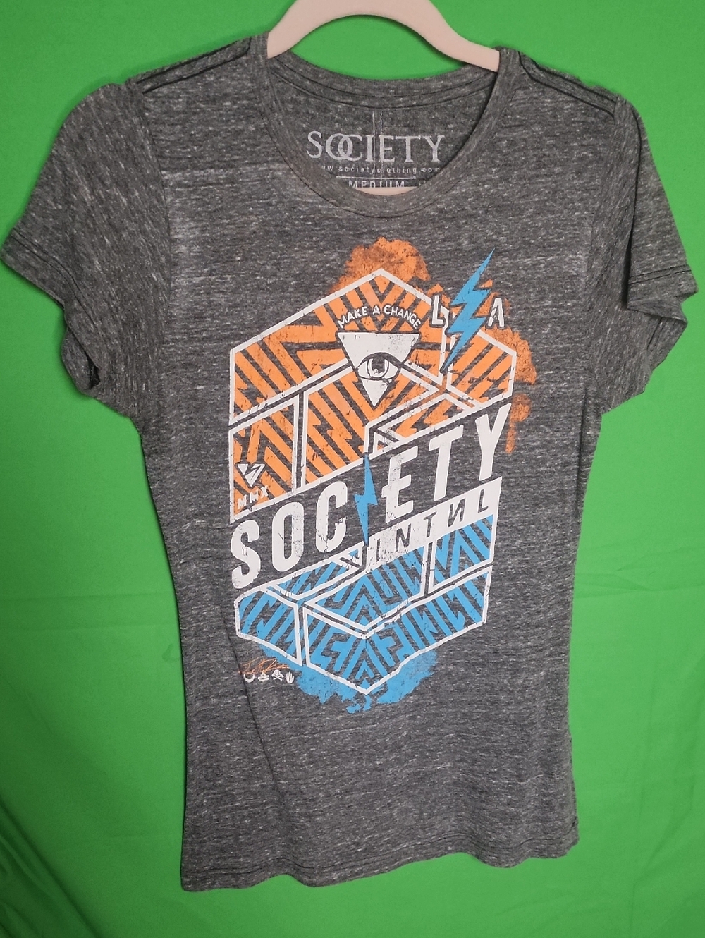 Society Heather Gray Graphic Tee - "Make a Change" Geometric Print - M
